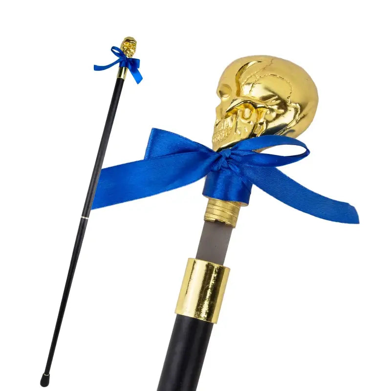 Canne sophistiquée au pommeau crâne doré et ruban bleu
